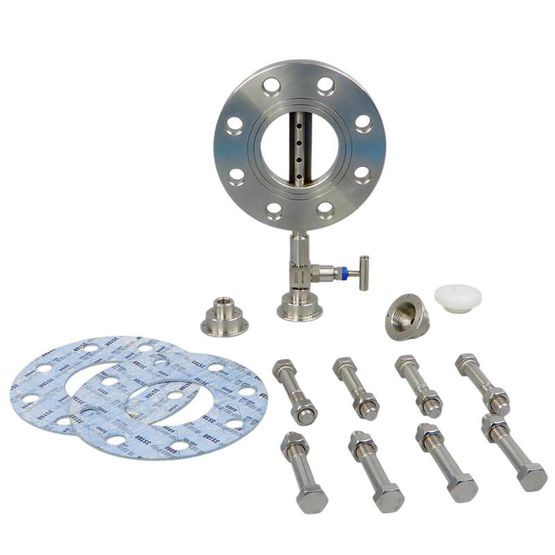 Stainless steel drip sampler assembly with flange, sampling valve, gaskets, bolts, and fittings for pipeline installation